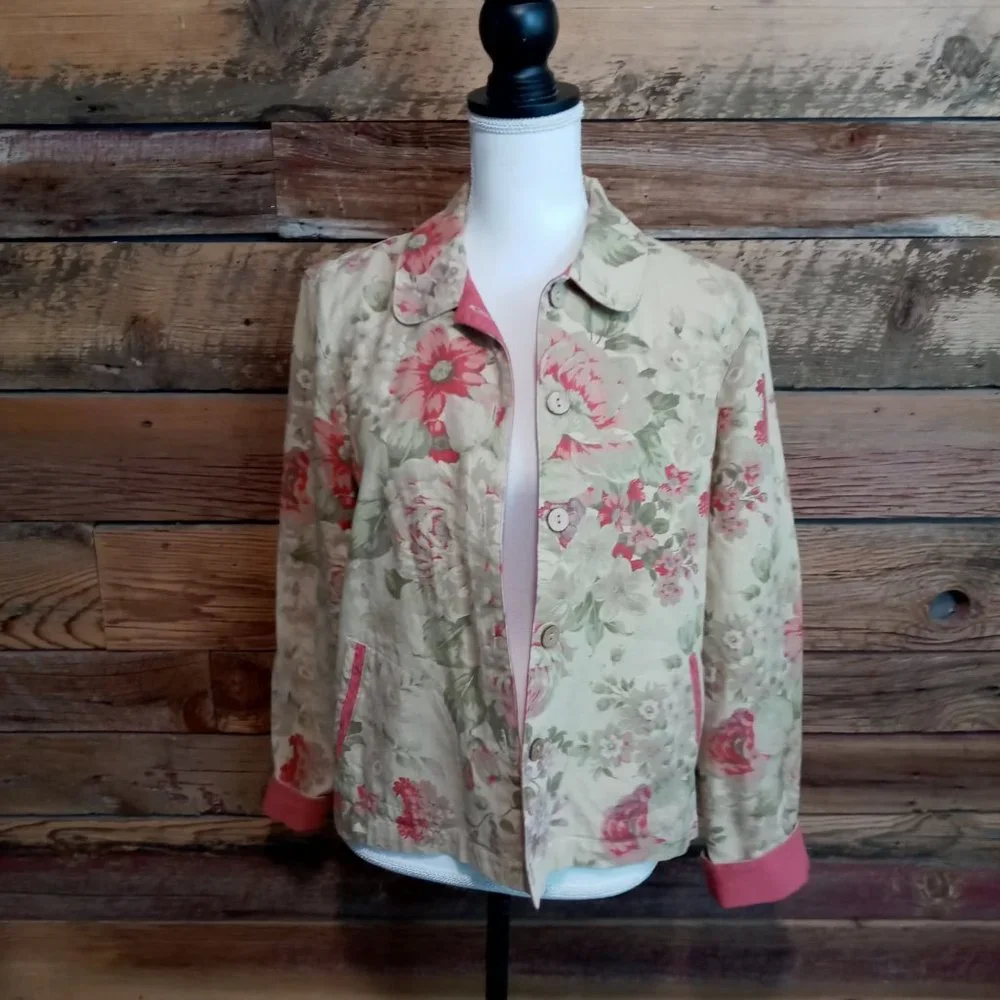 Coldwater Creek Womens Size medium Petite Jacket coral and beige Floral Cotton - Picture 1 of 9